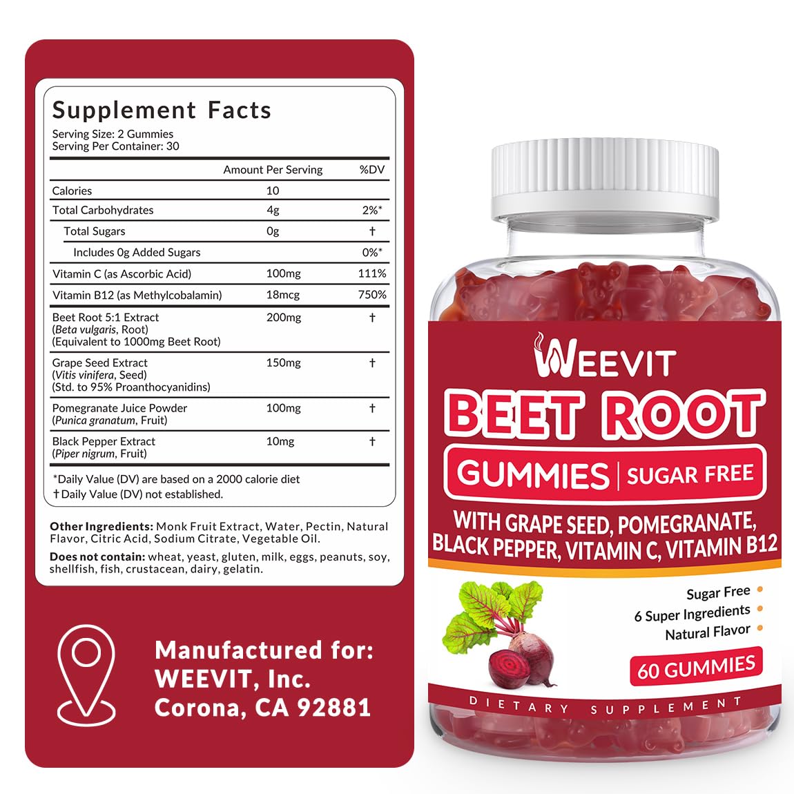 WEEVIT Gummies de Betterave avec extrait de pépin de raisin en gros plan