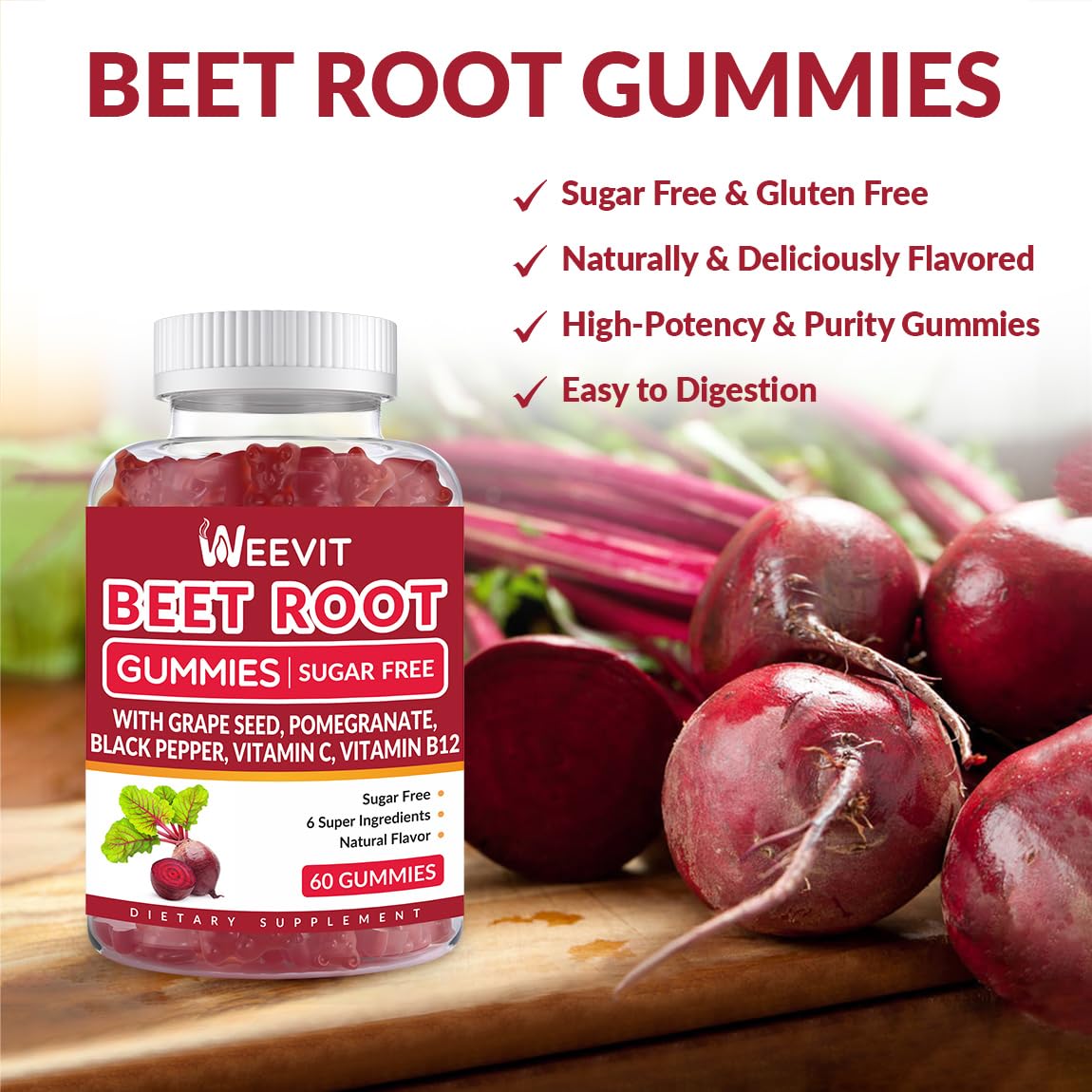 WEEVIT Gummies de Betterave sur une table avec des fruits