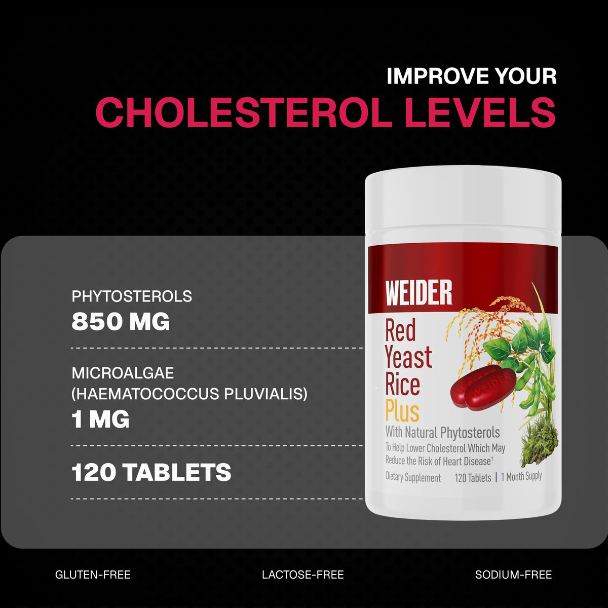 Weider Red Yeast Rice Plus 120 capsules avec une main tenant le flacon