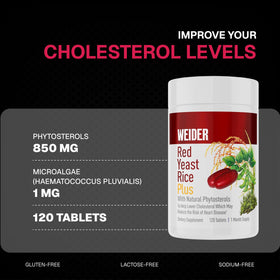 Weider Red Yeast Rice Plus 120 capsules avec une main tenant le flacon