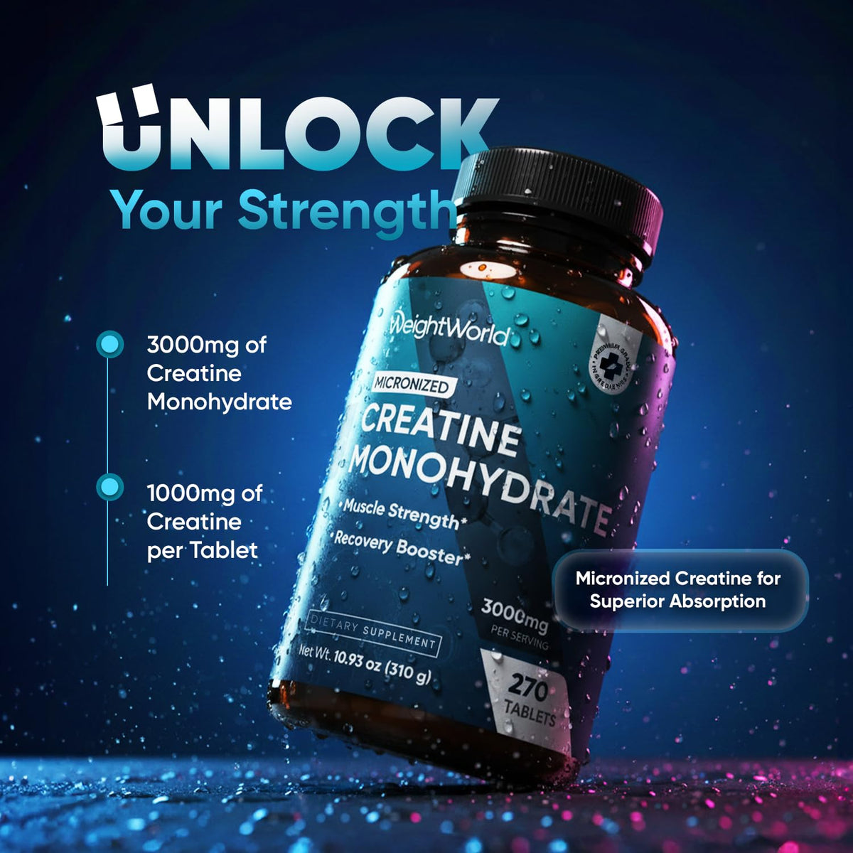 WeightWorld Créatine Monohydrate comprimé de 1000mg en gros plan
