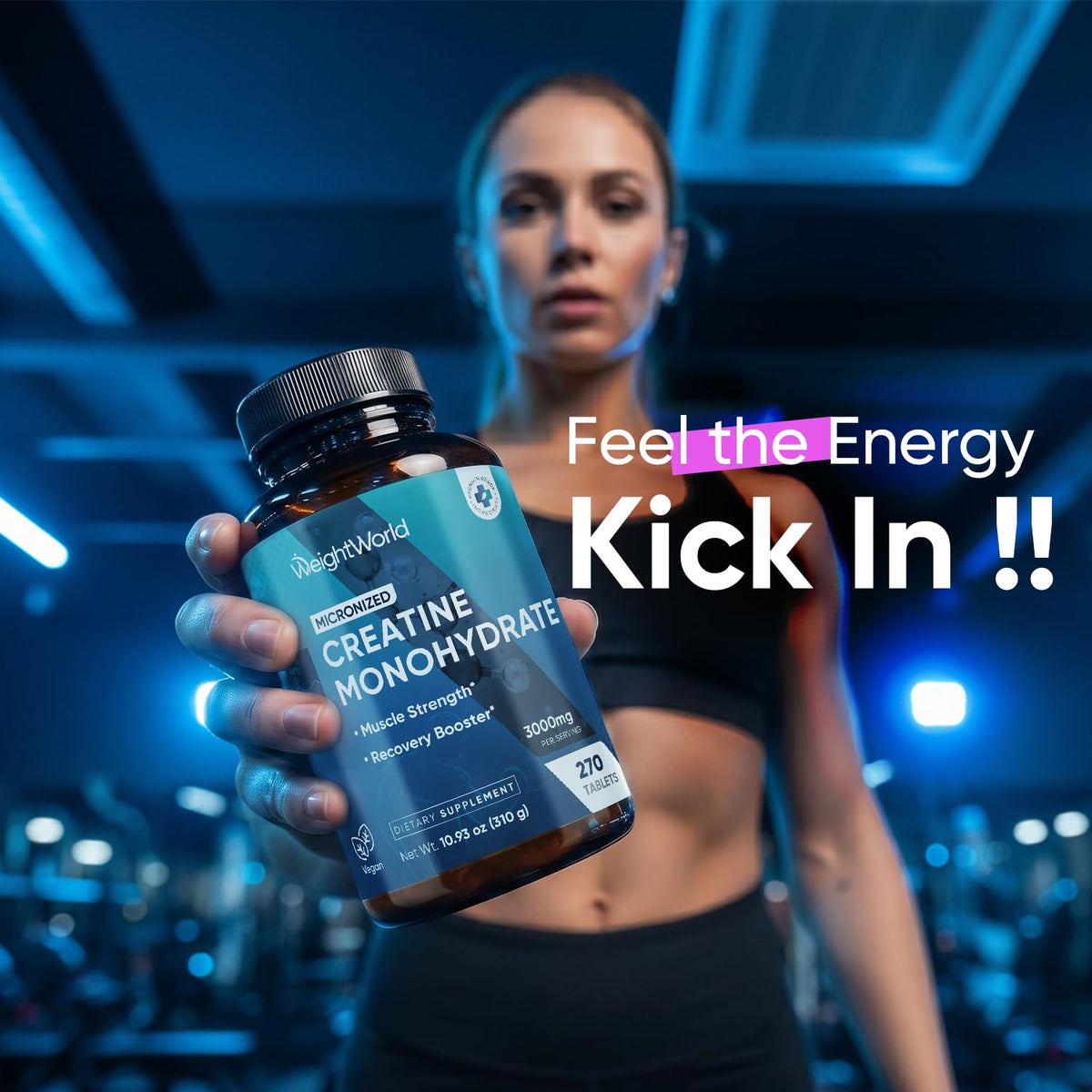 WeightWorld Créatine Monohydrate flacon ouvert avec comprimés visibles