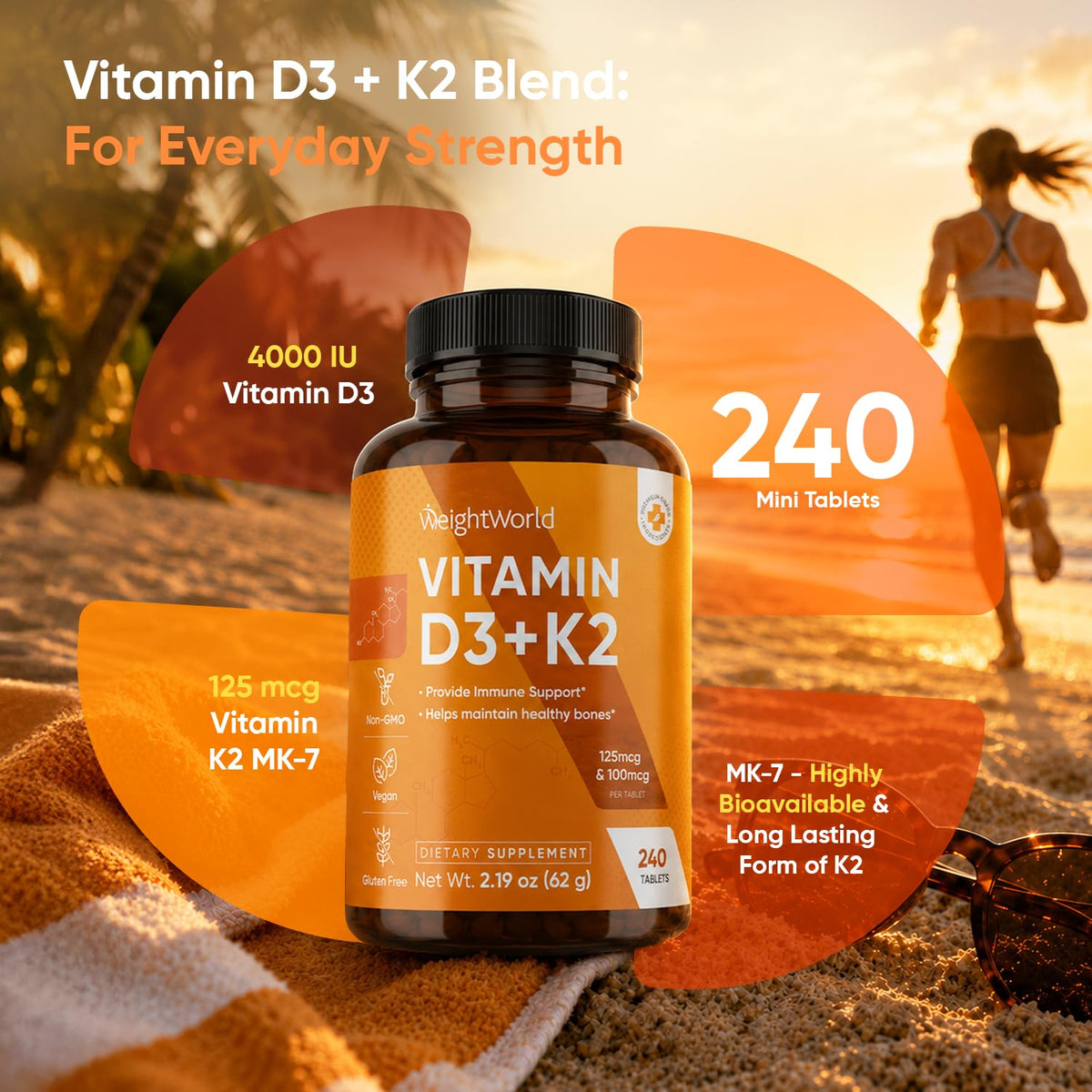 WeightWorld D3 K2 4000 IU comprimés sur une table