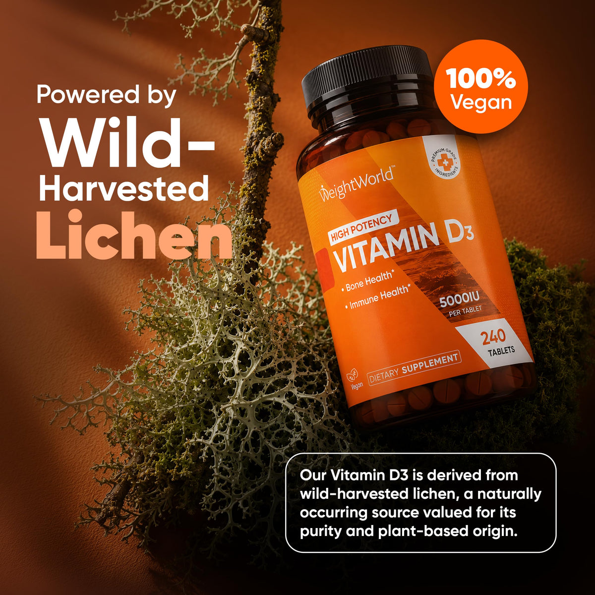 WeightWorld Vitamine D3 5000 IU, comprimés sur fond blanc