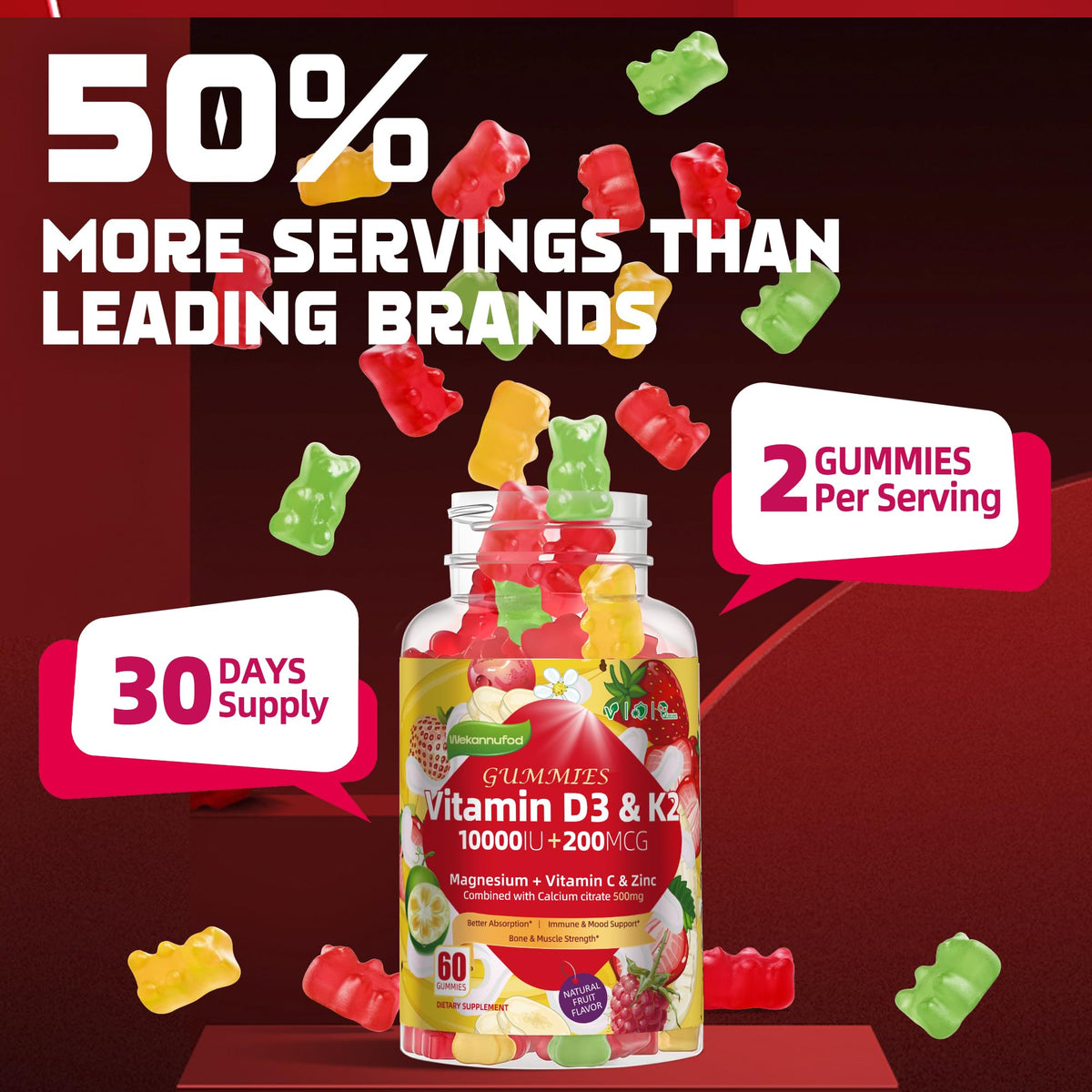 Wekannufod Gummies D3 K2 Vegan 60 Gummies avec des ingrédients