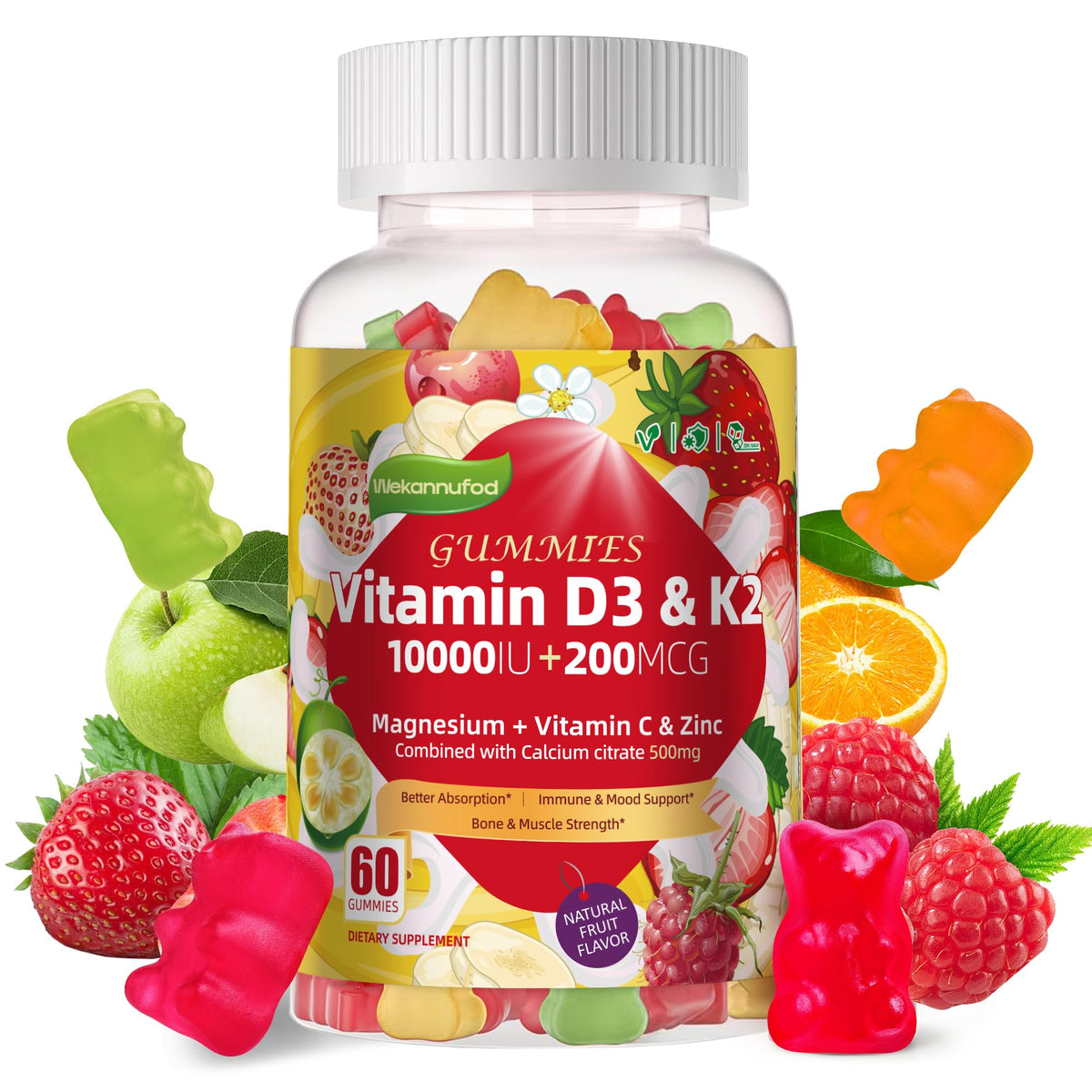 Wekannufod Gummies D3 K2 Vegan 60 Gummies pot avant