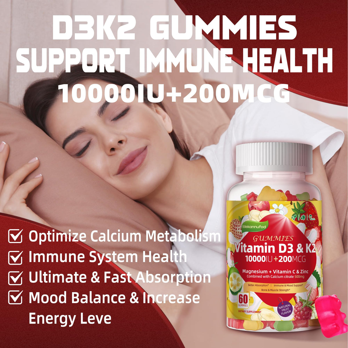 Wekannufod Gummies D3 K2 Vegan 60 Gummies sur une table