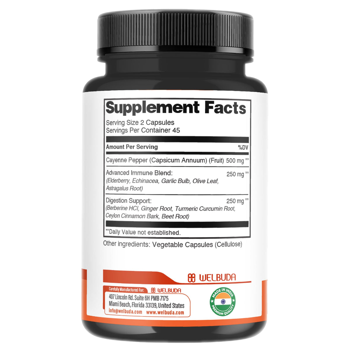 WELBUDA capsules de poivre de cayenne avec d'autres compléments alimentaires