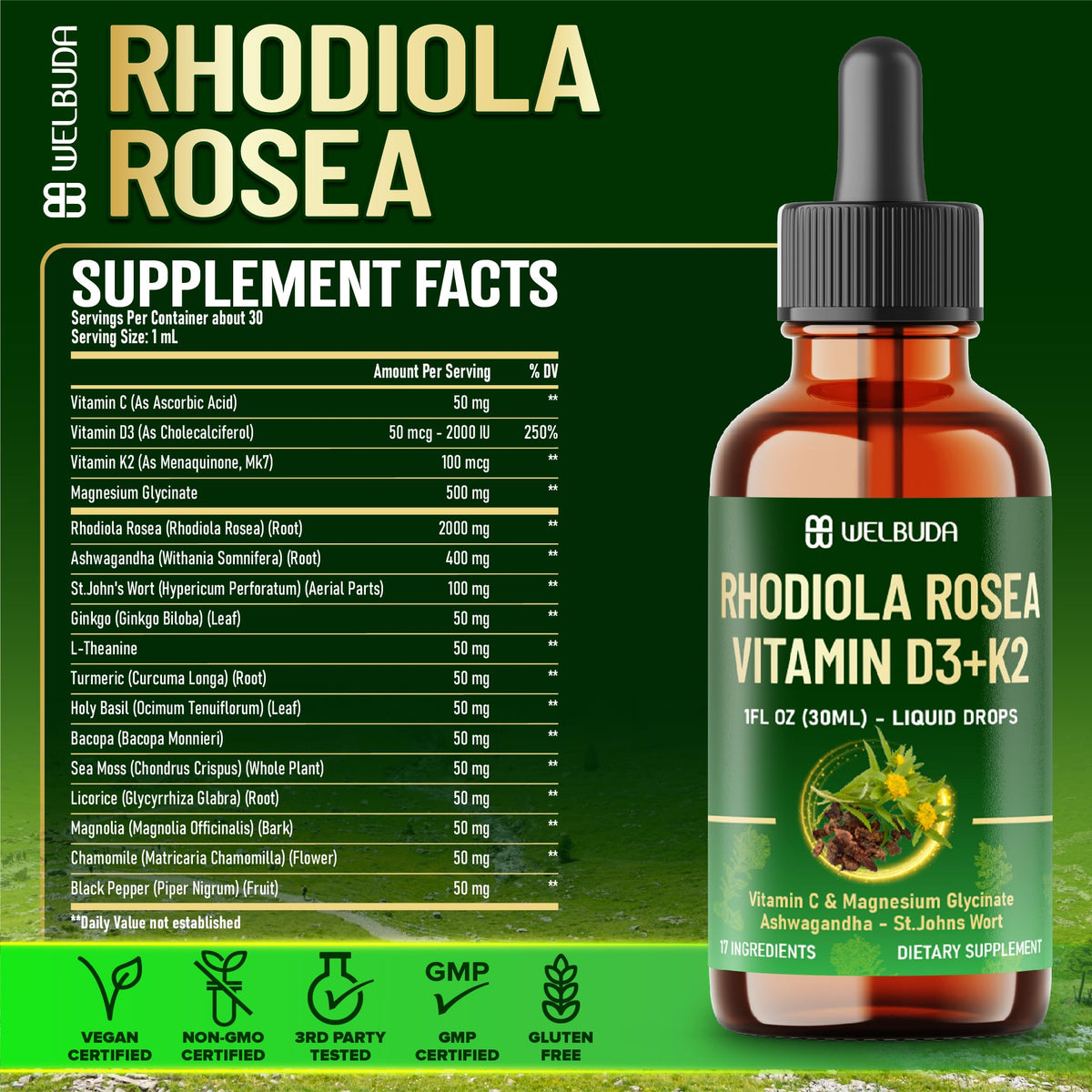 WELBUDA Rhodiola Rosea 17 en 1 avec une tasse de boisson