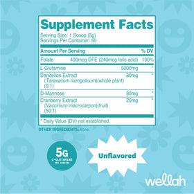 Wellah L-Glutamine Poudre sans saveur près de l'étiquette