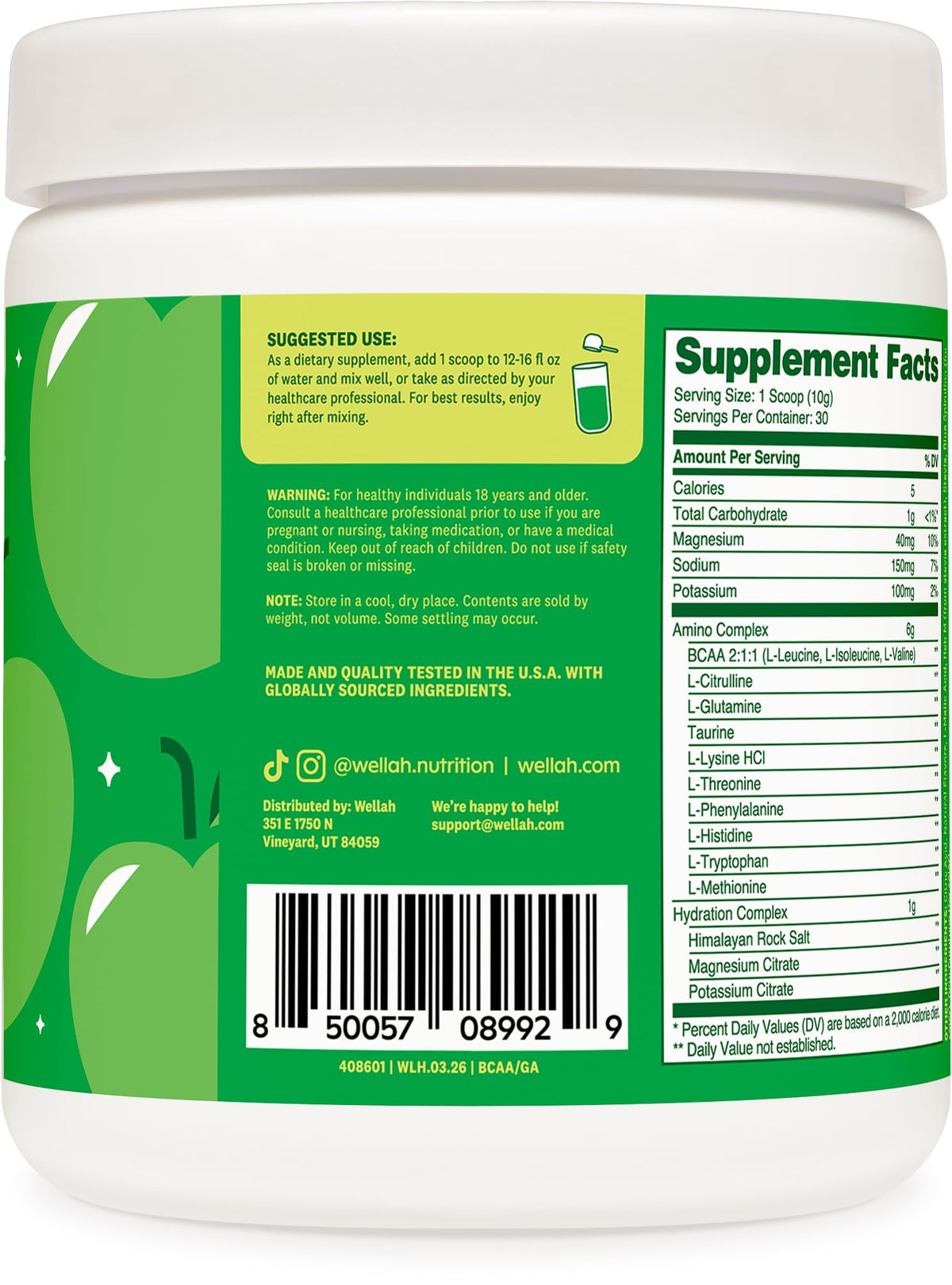 Wellah Poudre BCAA Pomme Verte sur une table