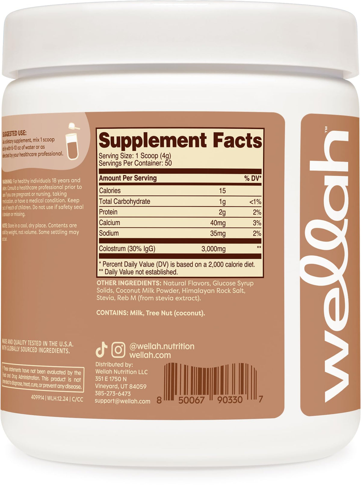 Wellah Poudre de Colostrum Saveur Crème de Coco, étiquette détaillée