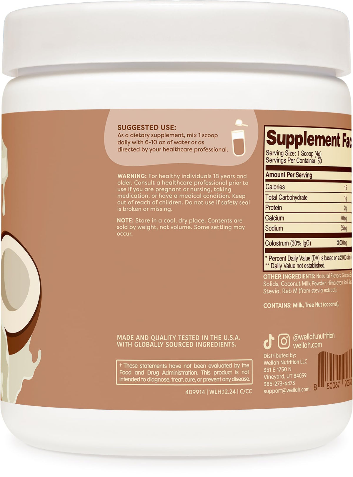 Wellah Poudre de Colostrum Saveur Crème de Coco, portion de 3g