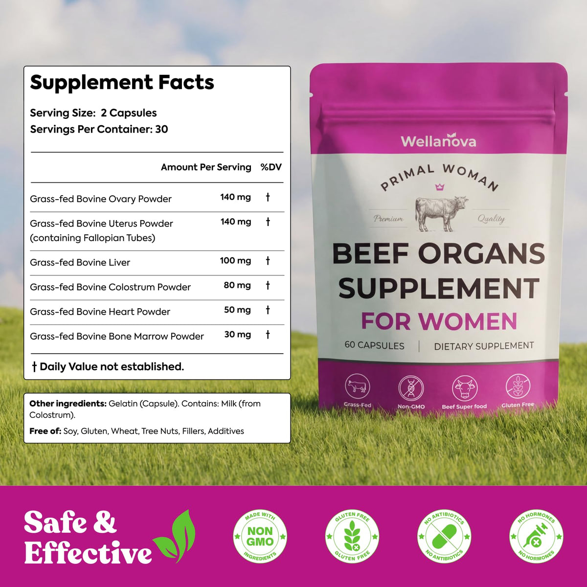 Wellanova complément alimentaire organes de bœuf 227g, vue arrière avec informations nutritionnelles
