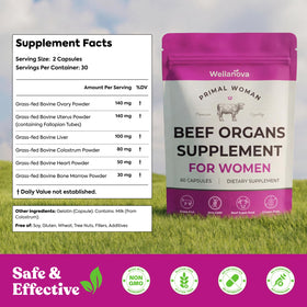 Wellanova complément alimentaire organes de bœuf 227g, vue arrière avec informations nutritionnelles
