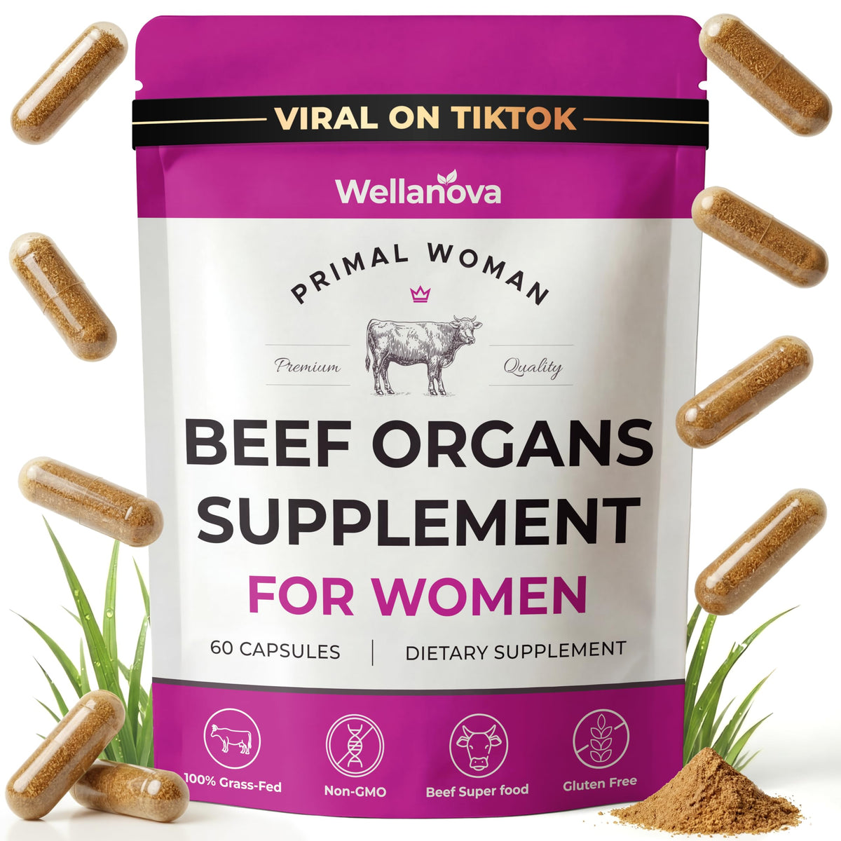 Wellanova complément alimentaire organes de bœuf 227g, vue avant du produit