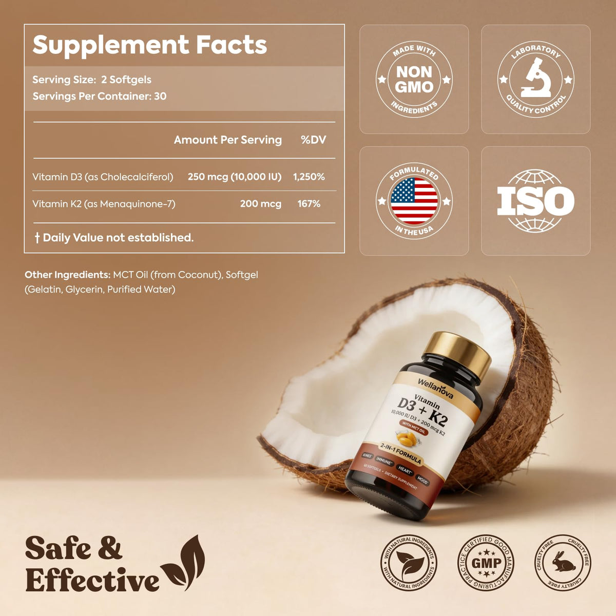 Wellanova Vitamine D3 K2 10 000 UI capsule ouverte montrant son contenu