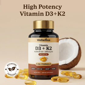 Wellanova Vitamine D3 K2 10 000 UI capsule sur une surface blanche