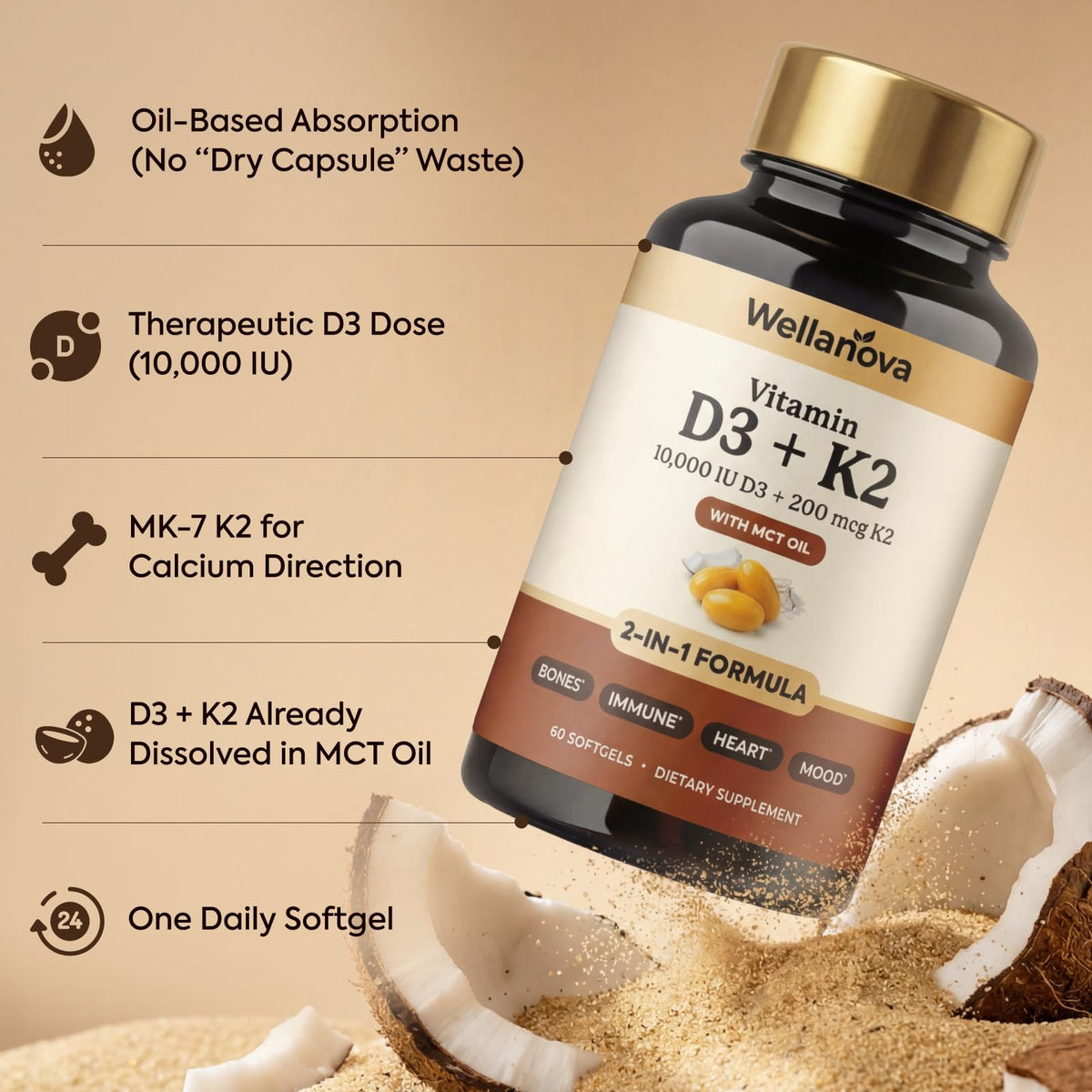 Wellanova Vitamine D3 K2 10 000 UI étiquette du produit