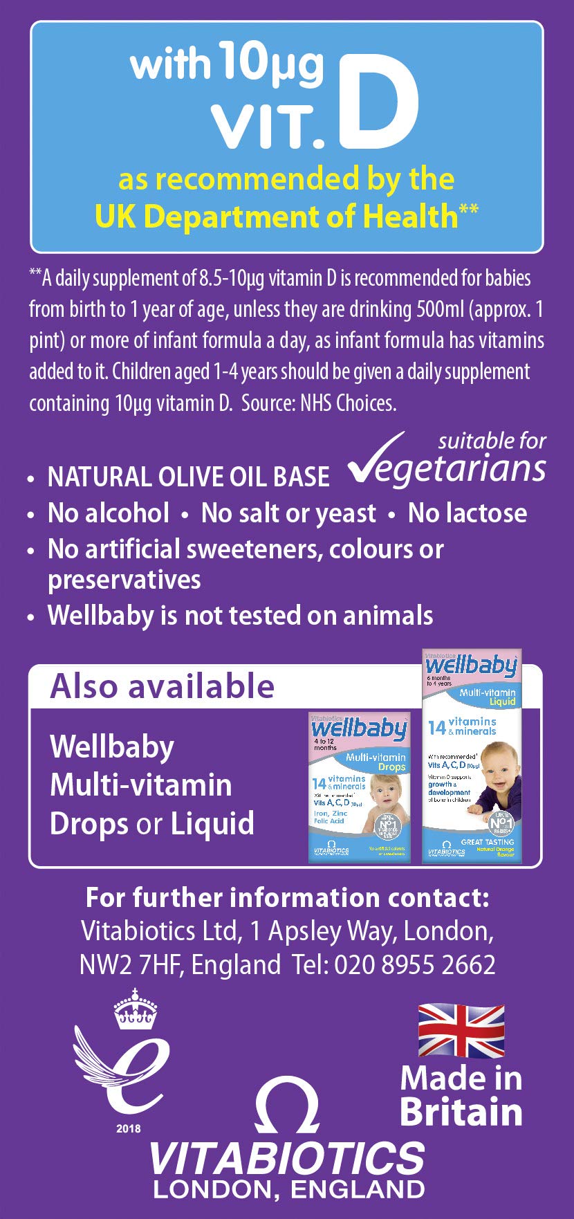 WELLBABY Gouttes de Vitamine D 30 ml avec flacon et compte-gouttes