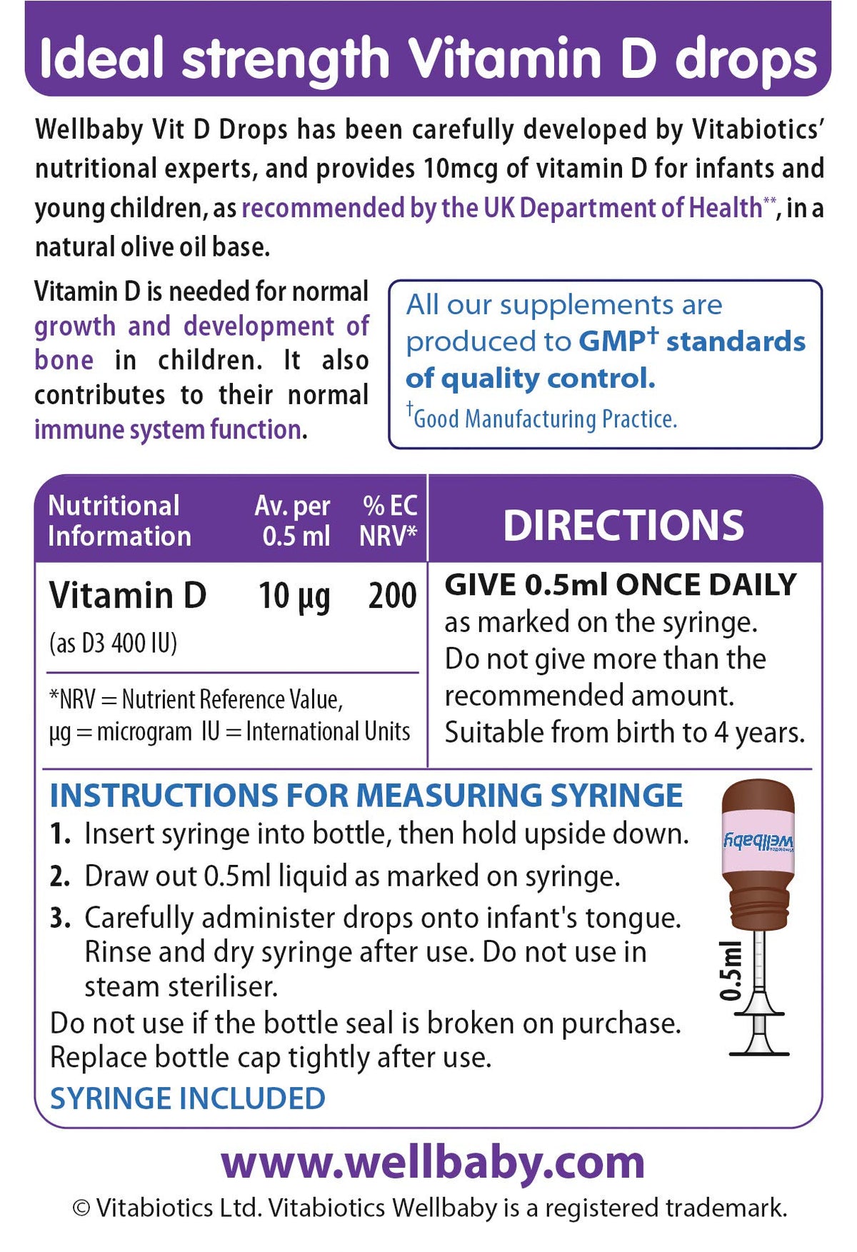 WELLBABY Gouttes de Vitamine D 30 ml sur fond neutre