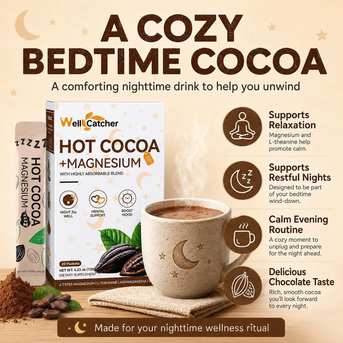 Wellcatcher Chocolat Chaud de Nuit 159g - préparation dans une tasse