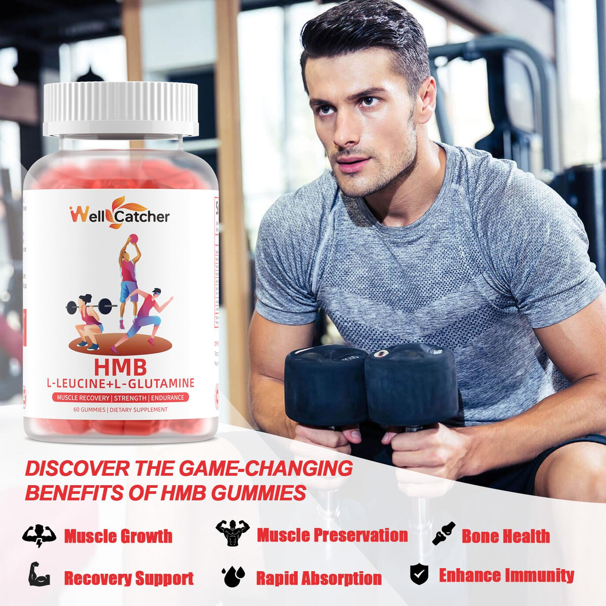 Wellcatcher Gummy HMB et Leucine gummies avec étiquette