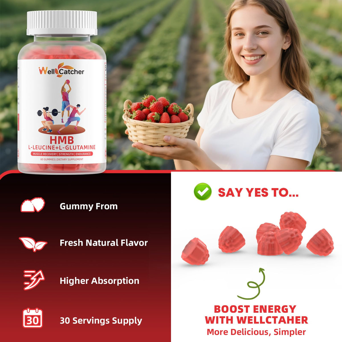 Wellcatcher Gummy HMB et Leucine gummies en gros plan