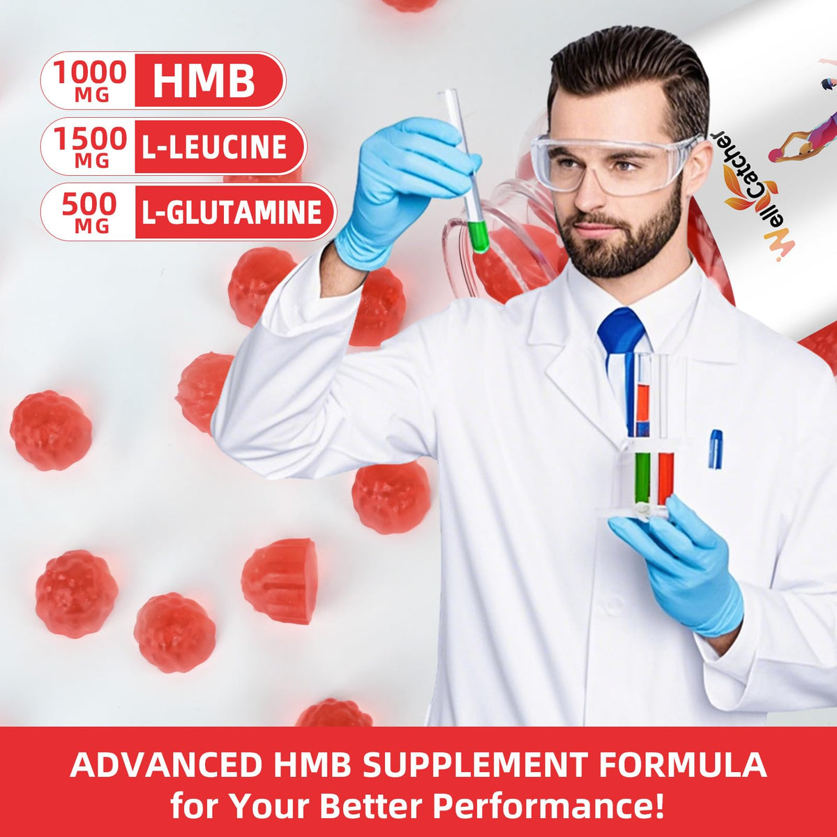 Wellcatcher Gummy HMB et Leucine gummies sur un fond naturel