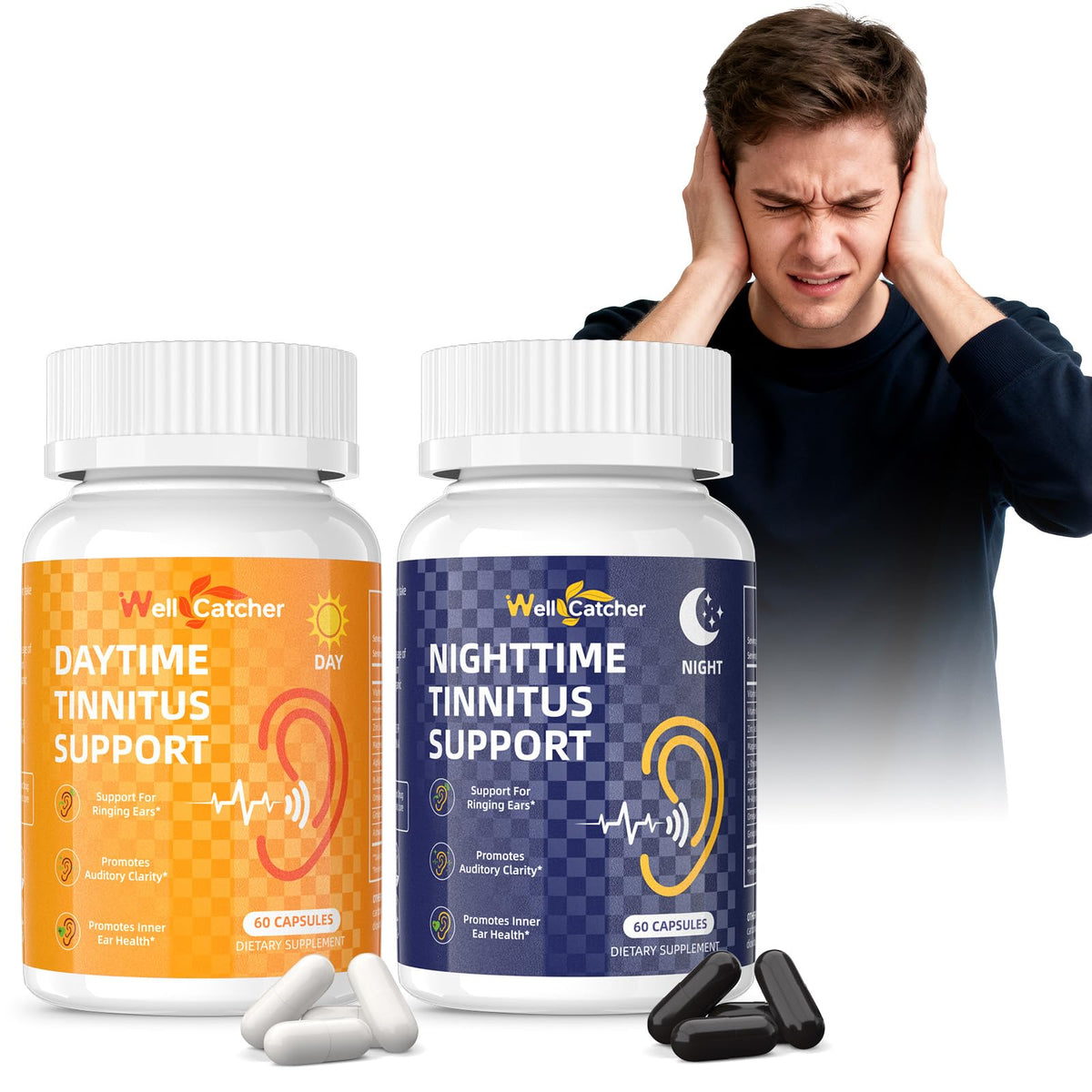 Wellcatcher Tinnitus 120 capsules vegan, boîte avant
