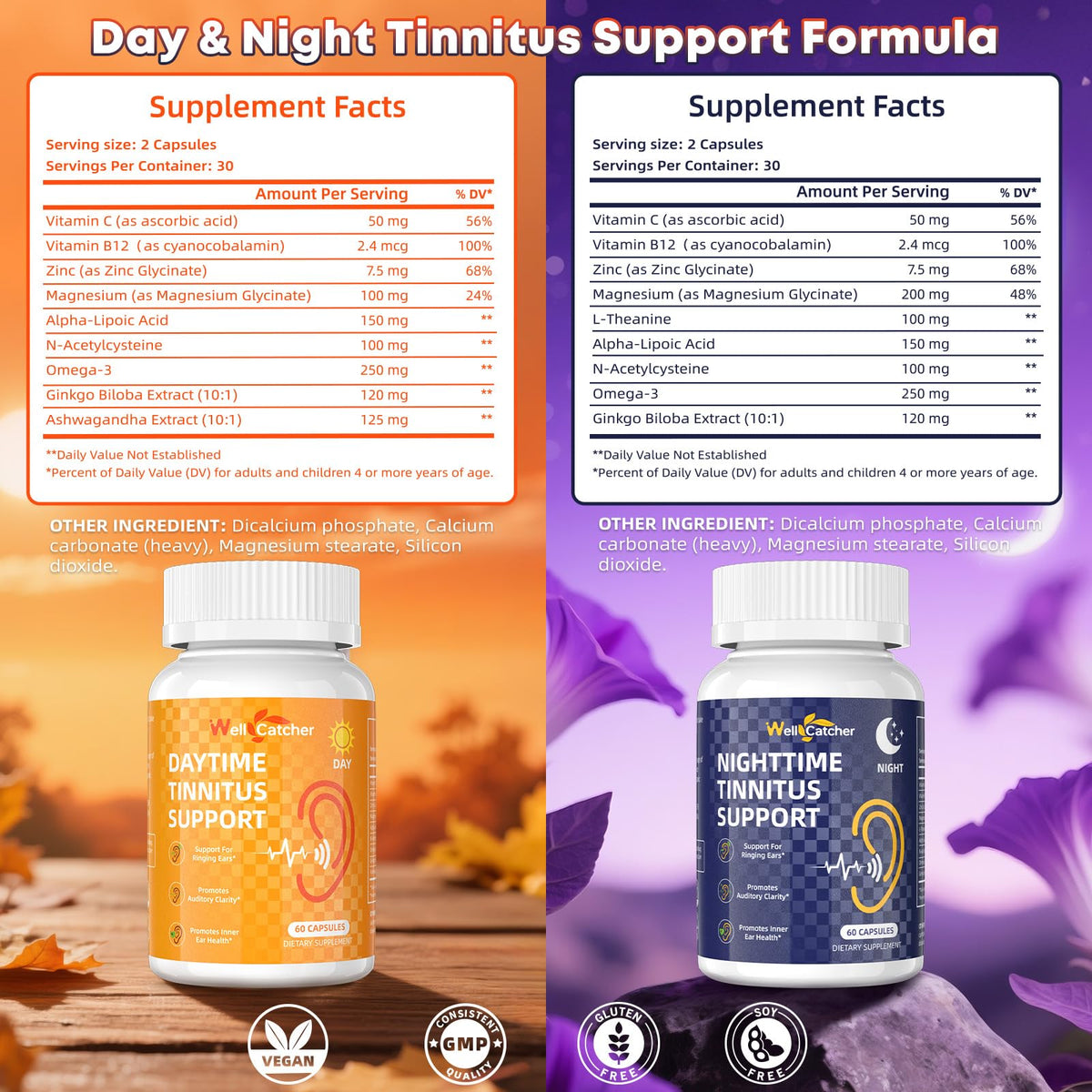 Wellcatcher Tinnitus 120 capsules vegan, capsules à l'intérieur