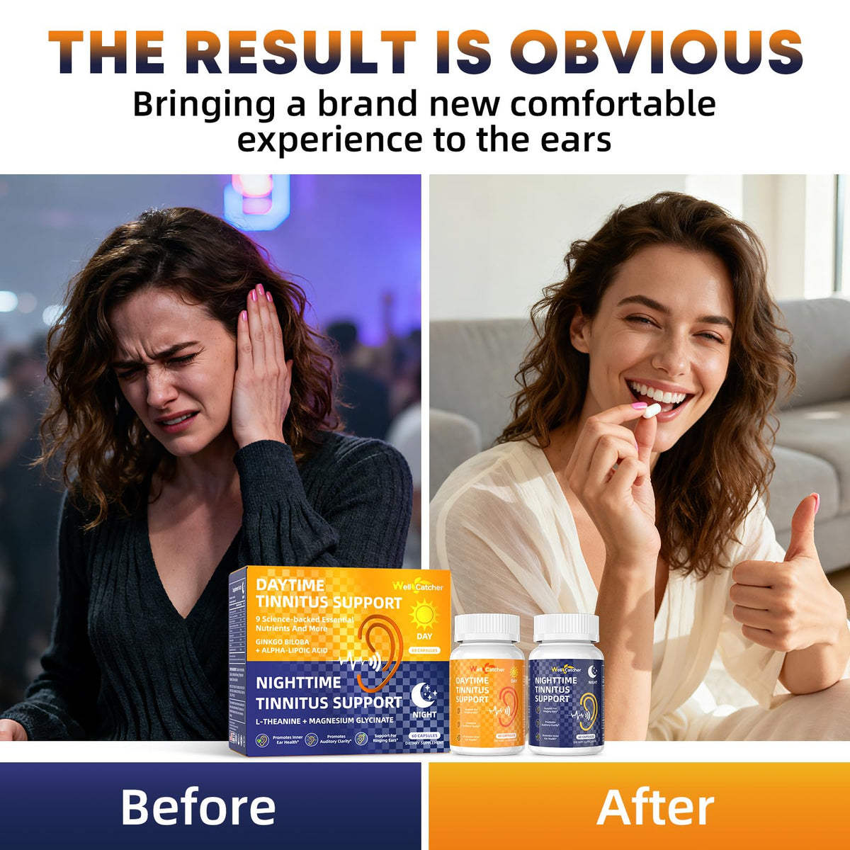 Wellcatcher Tinnitus 120 capsules vegan, présentation sur une table