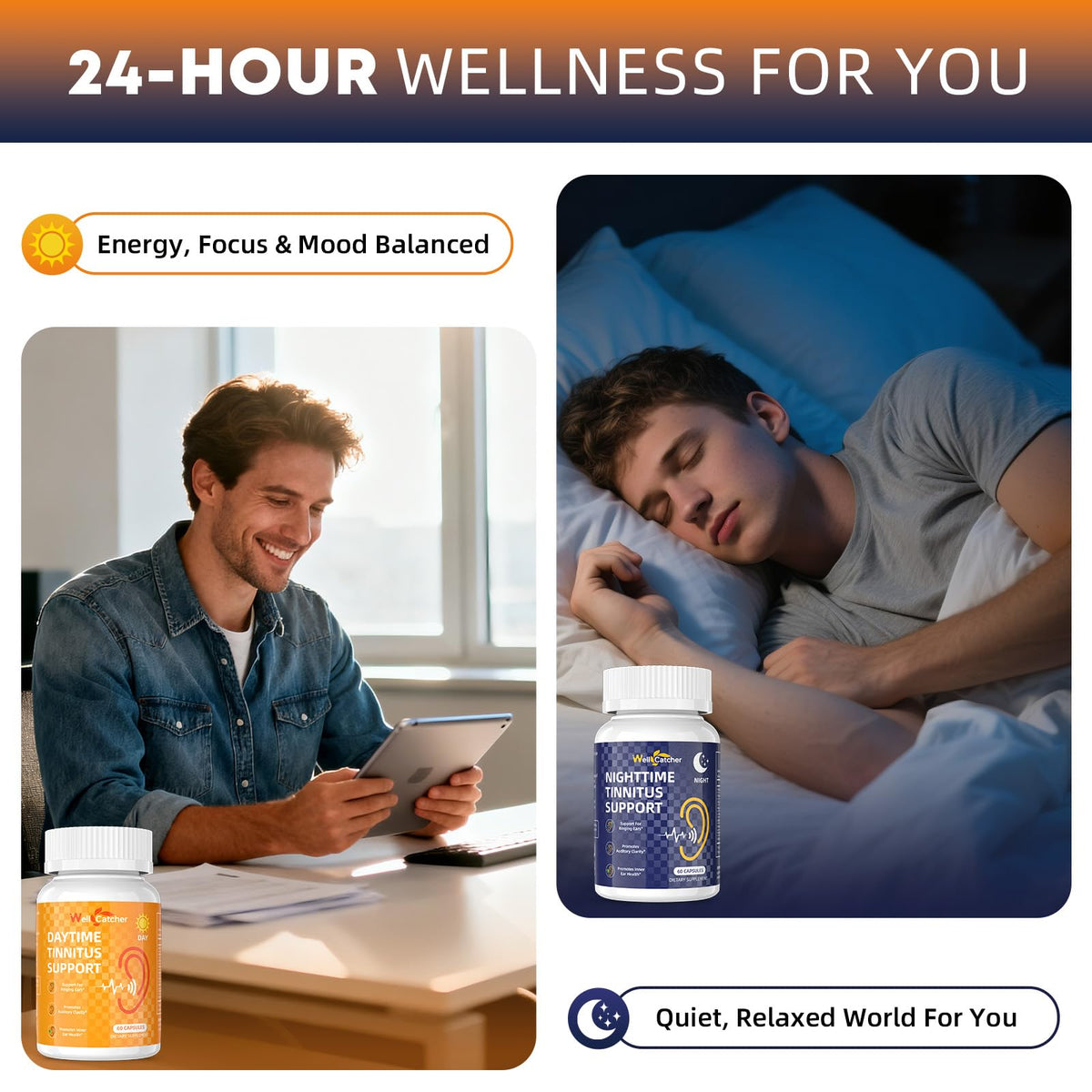 Wellcatcher Tinnitus 120 capsules vegan, prise de capsules avec un verre d'eau