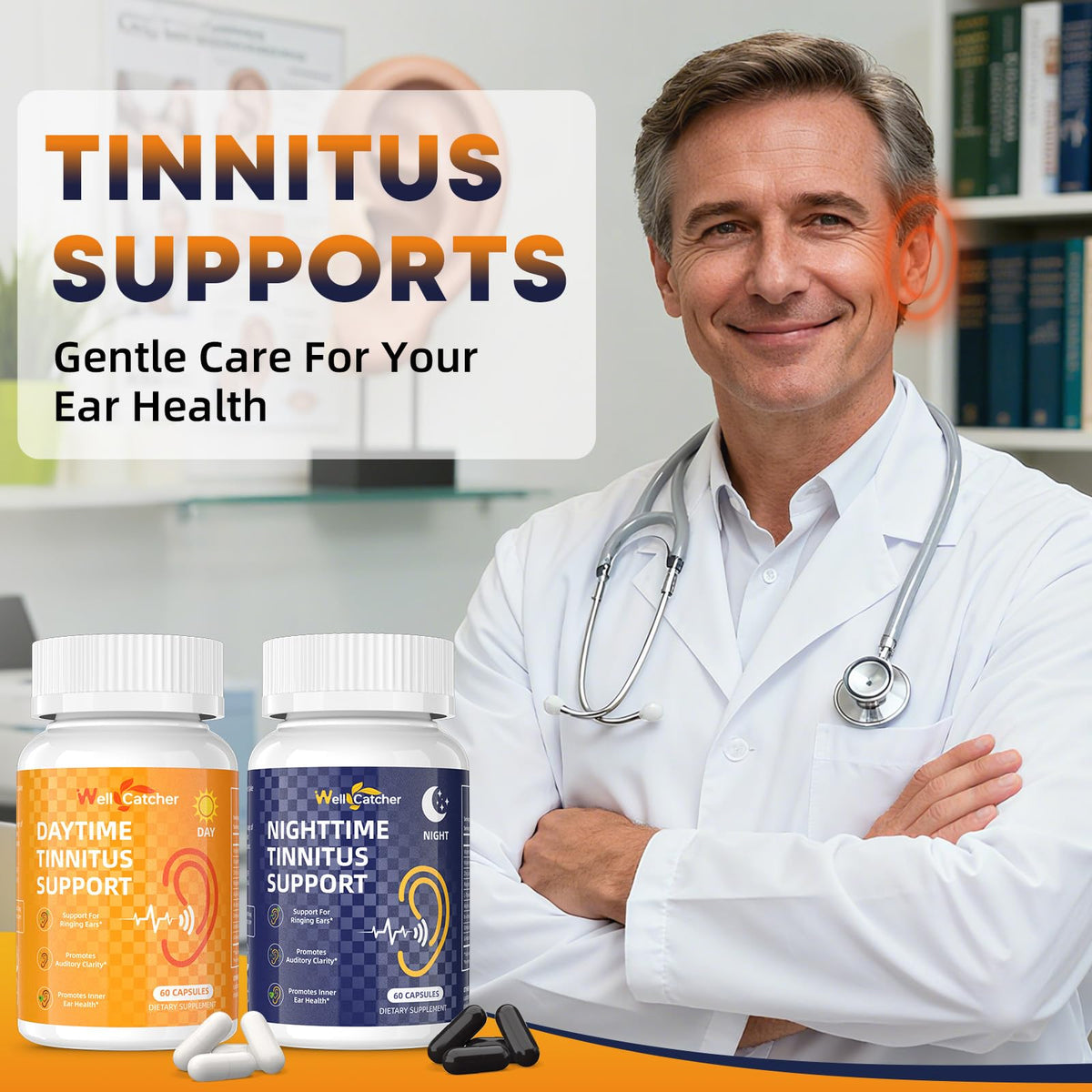 Wellcatcher Tinnitus 120 capsules vegan, vue de dos de la boîte