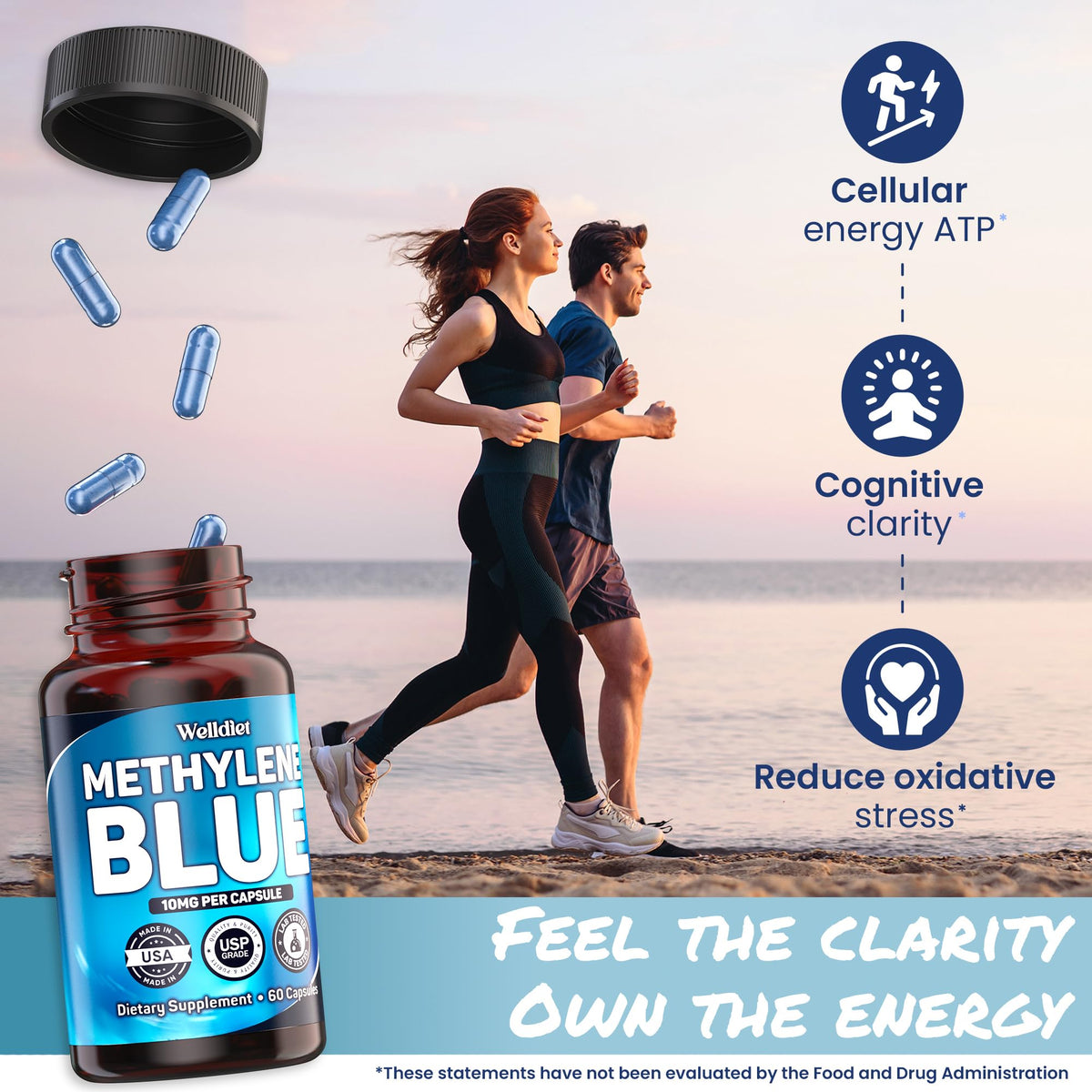 Welldiet Methylene Blue Capsules 10mg sur fond blanc