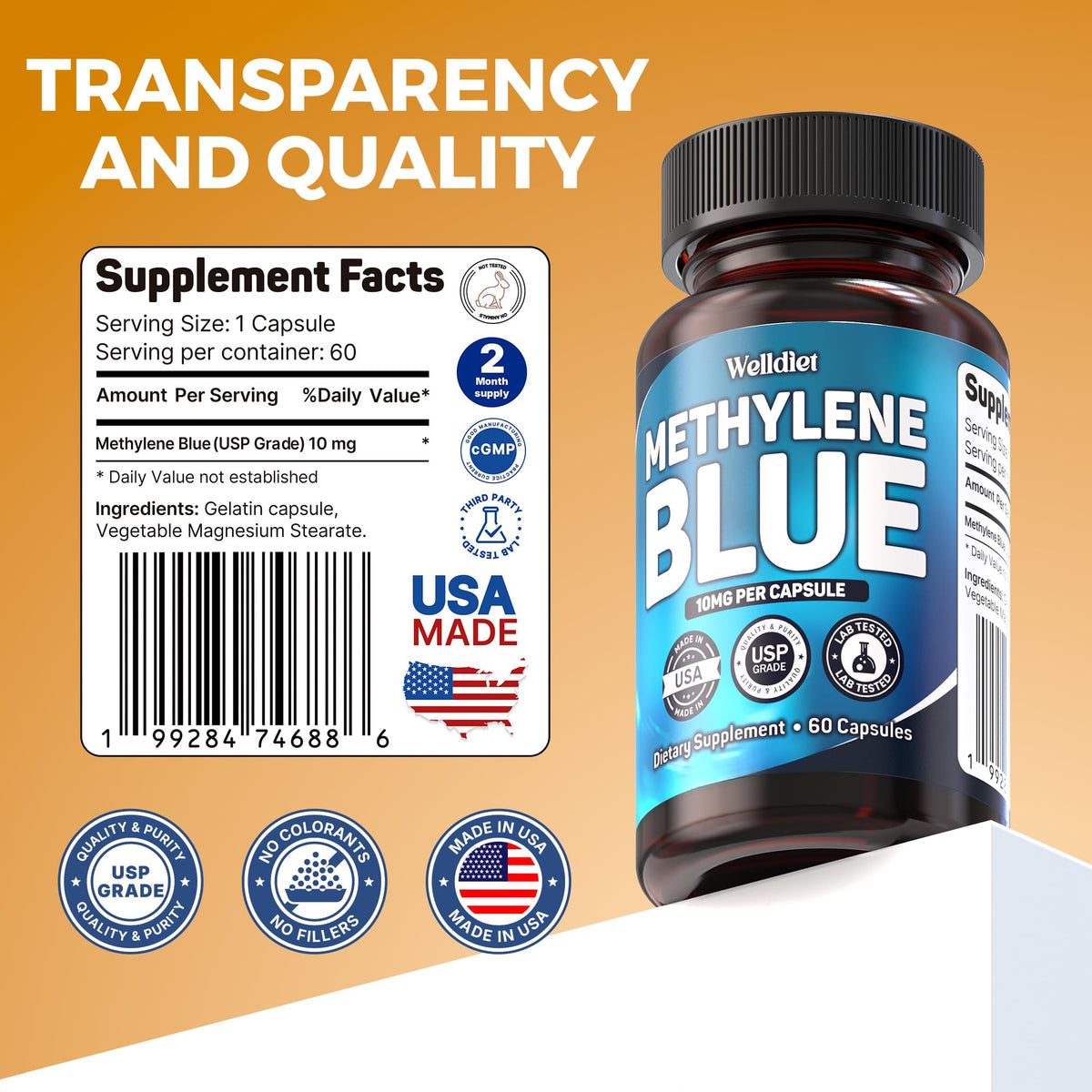 Welldiet Methylene Blue Capsules 10mg vue latérale