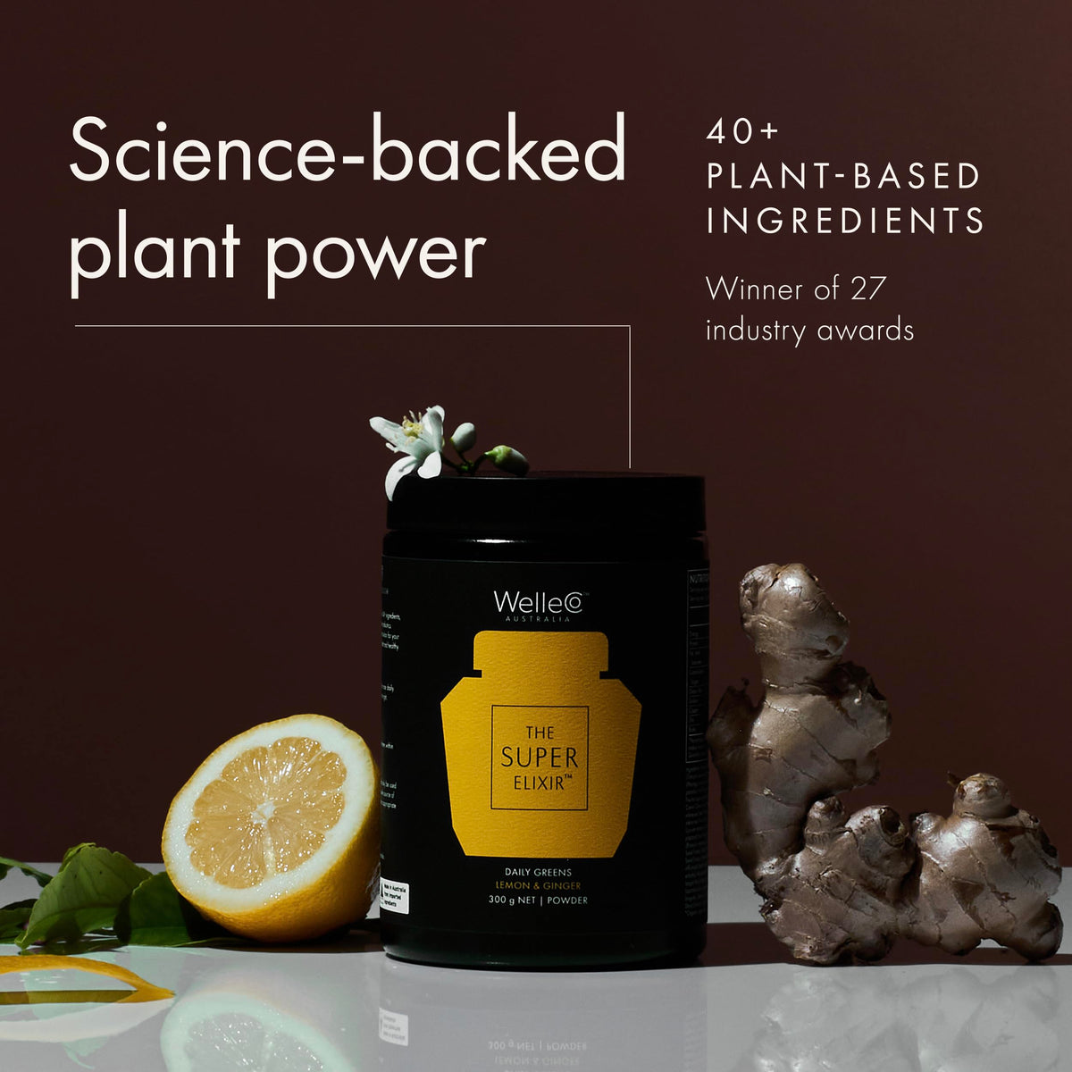 WelleCo Super Elixir Poudre de Super Greens 300g Citron & Gingembre avec fruits