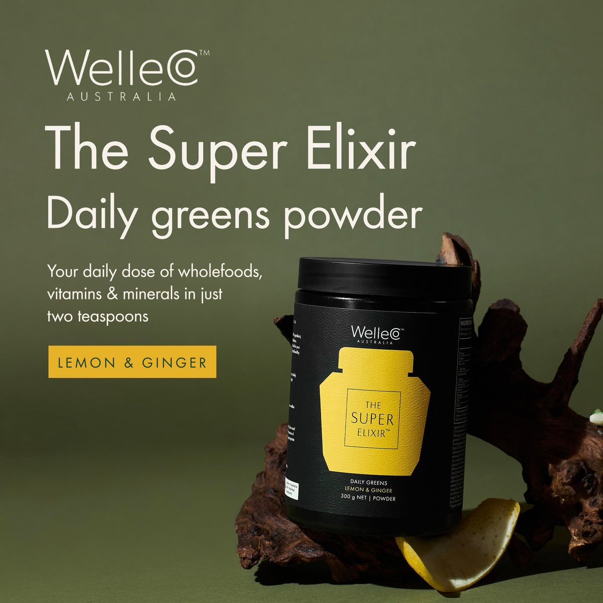 WelleCo Super Elixir Poudre de Super Greens 300g Citron & Gingembre emballage