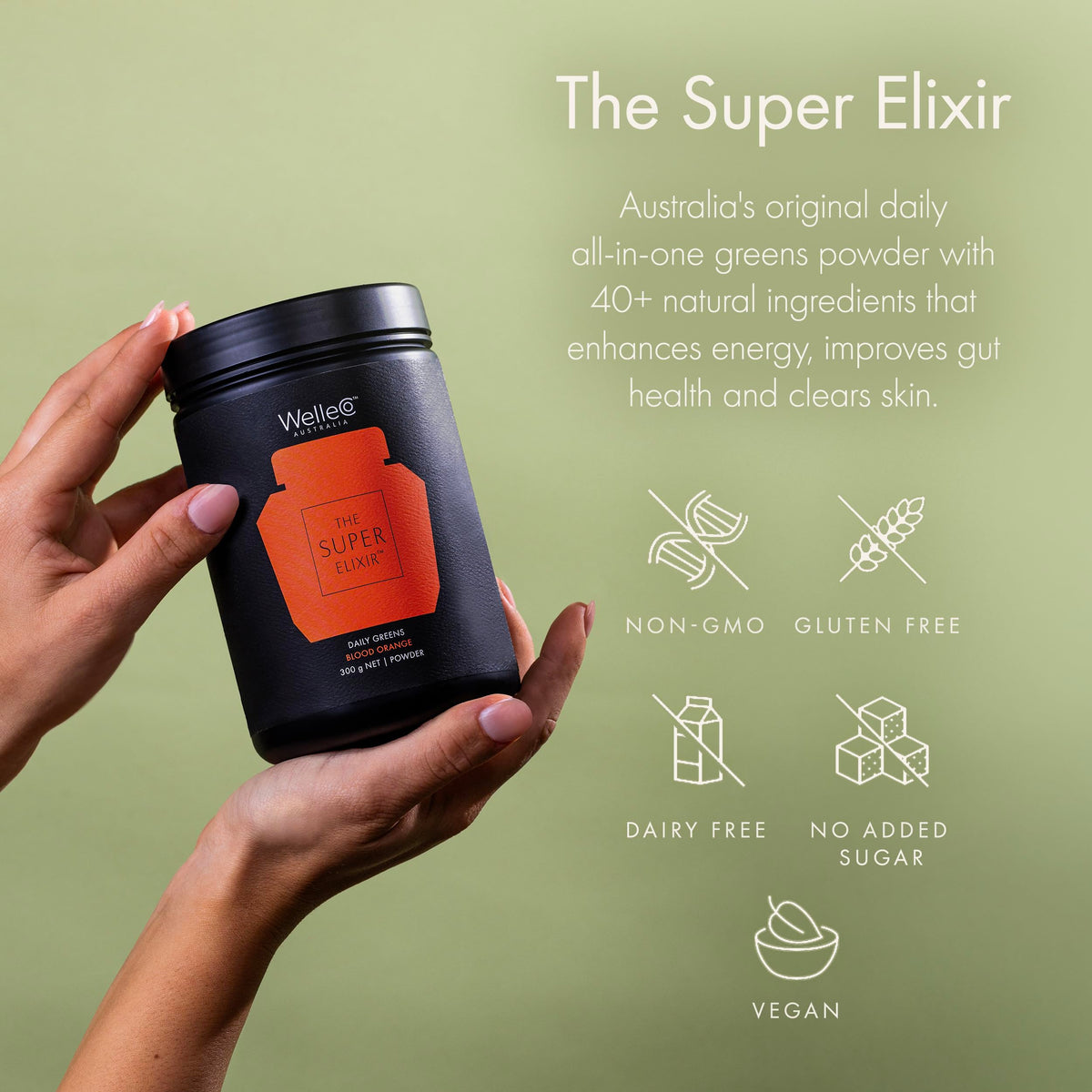 WelleCo Super Elixir Poudre de Super Greens 300g Orange Sanguine dans un smoothie