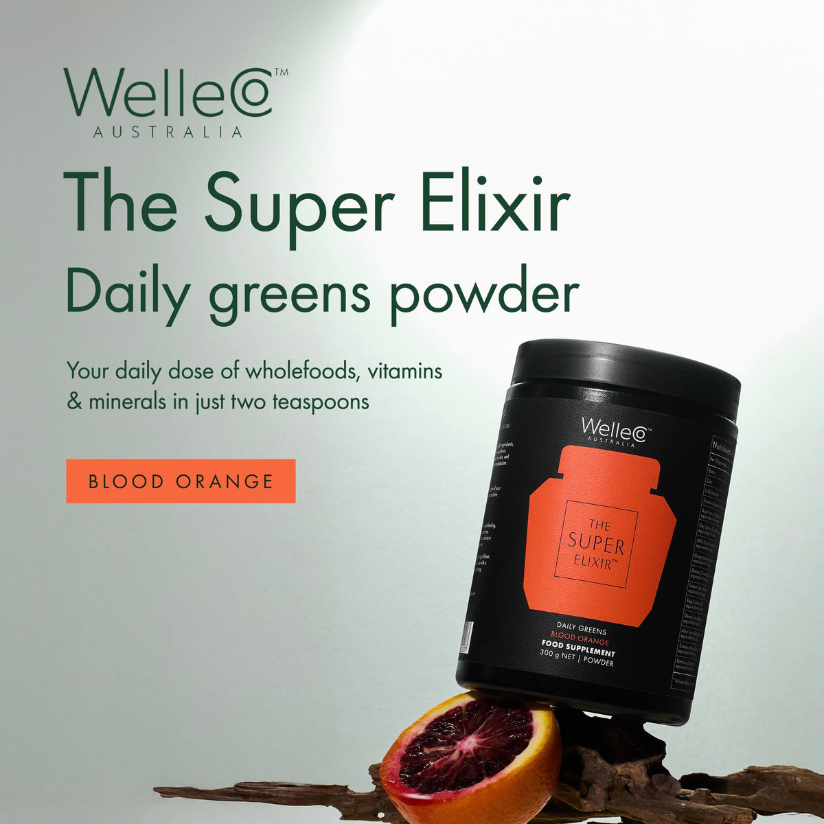 WelleCo Super Elixir Poudre de Super Greens 300g Orange Sanguine vue arrière