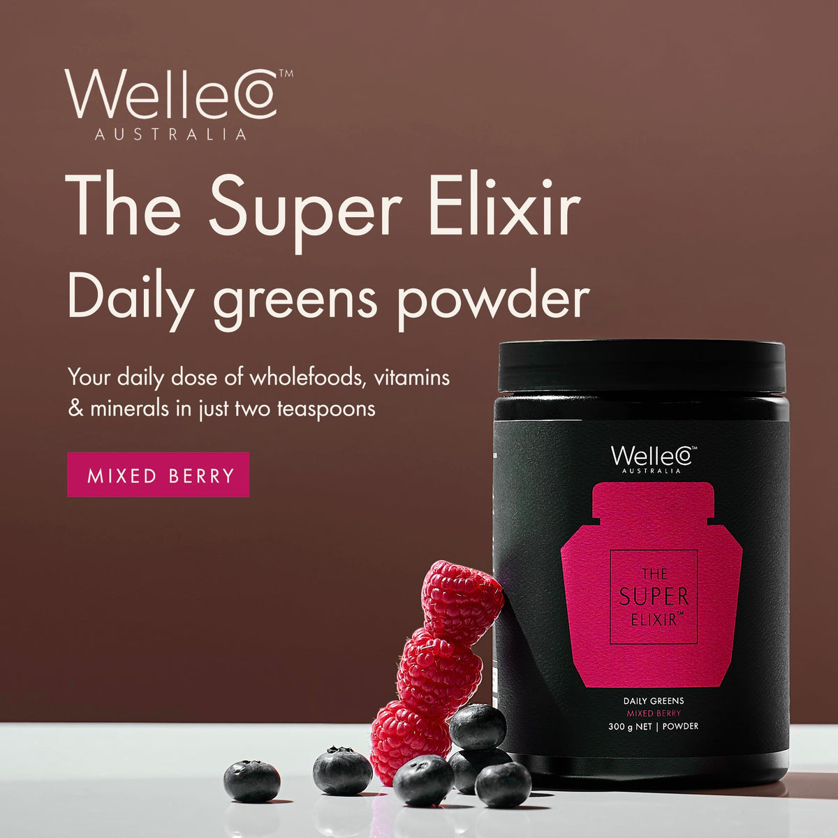 WelleCo The Super Elixir Poudre de Super Greens 300g avec cuillère
