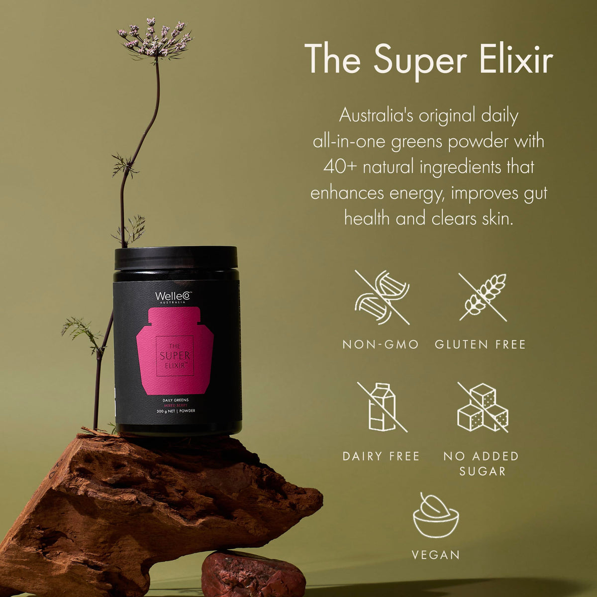 WelleCo The Super Elixir Poudre de Super Greens 300g échantillon de saveurs