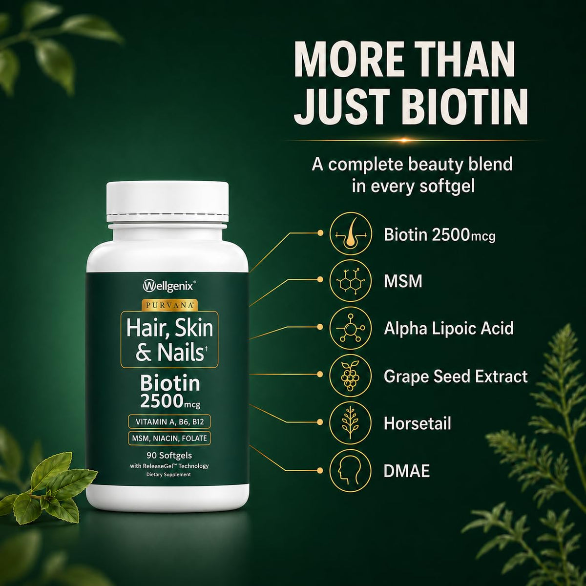 Wellgenix Purvana 2500mcg Biotine gélules avec emballage