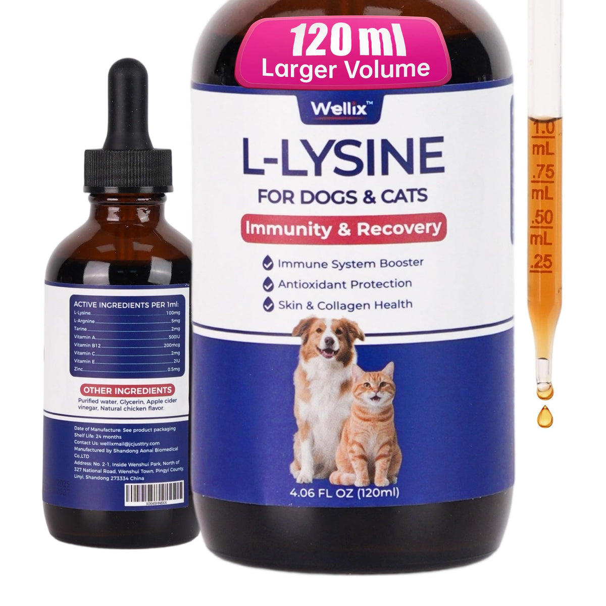 Wellix L-Lysine Liquide 118 ml pour Chats et Chiens, saveur poulet, vue avant