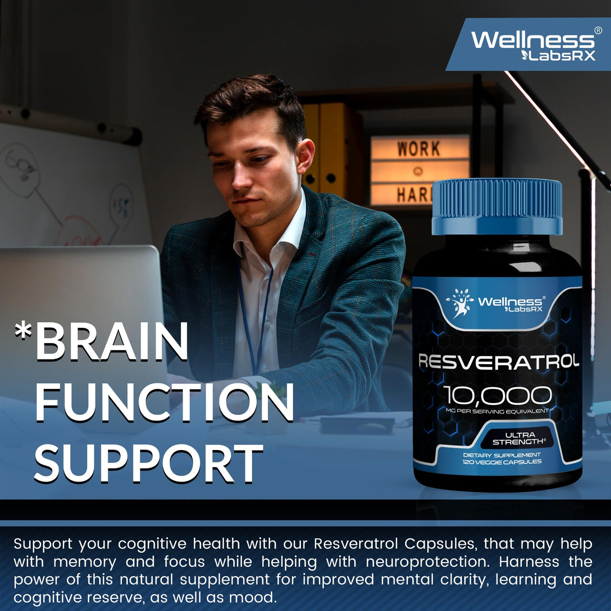 WELLNESS LABSRX Trans-Resvératrol 1000mg capsules sur fond blanc