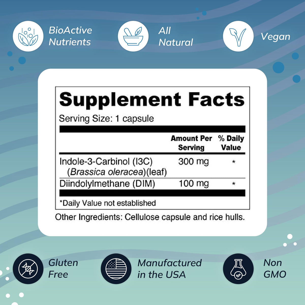 Wellness Resources I3C + DIM capsules sur une surface en bois