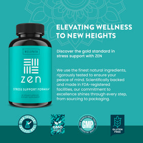 WellPath Zen complément alimentaire avec ingrédients naturels en arrière-plan