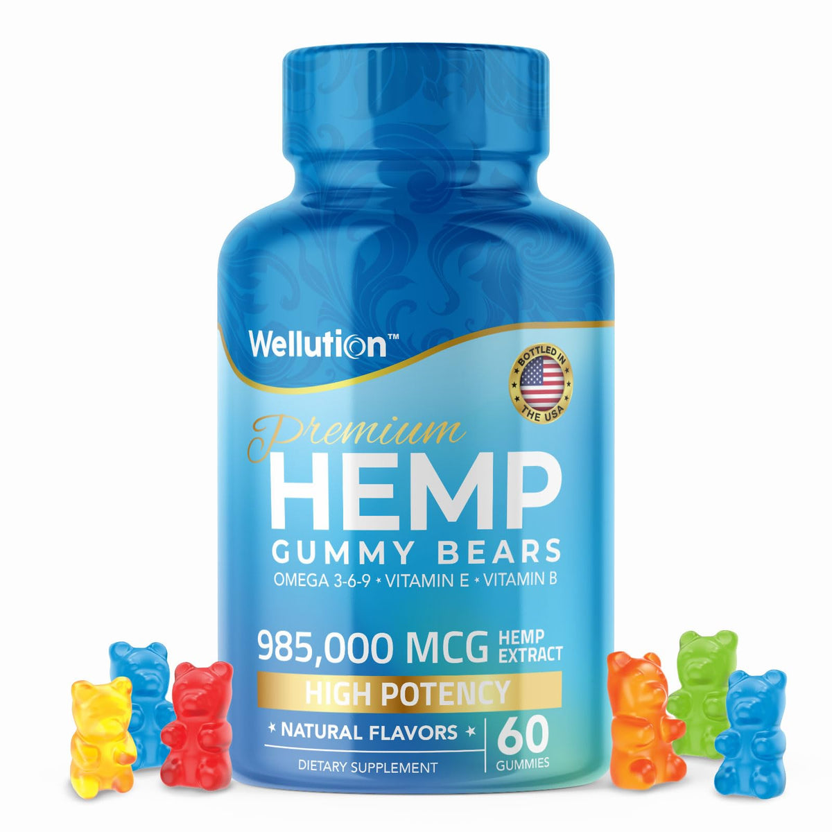 WELLUTION Gummies au Chanvre 985 000 MCG vue de face avec emballage coloré