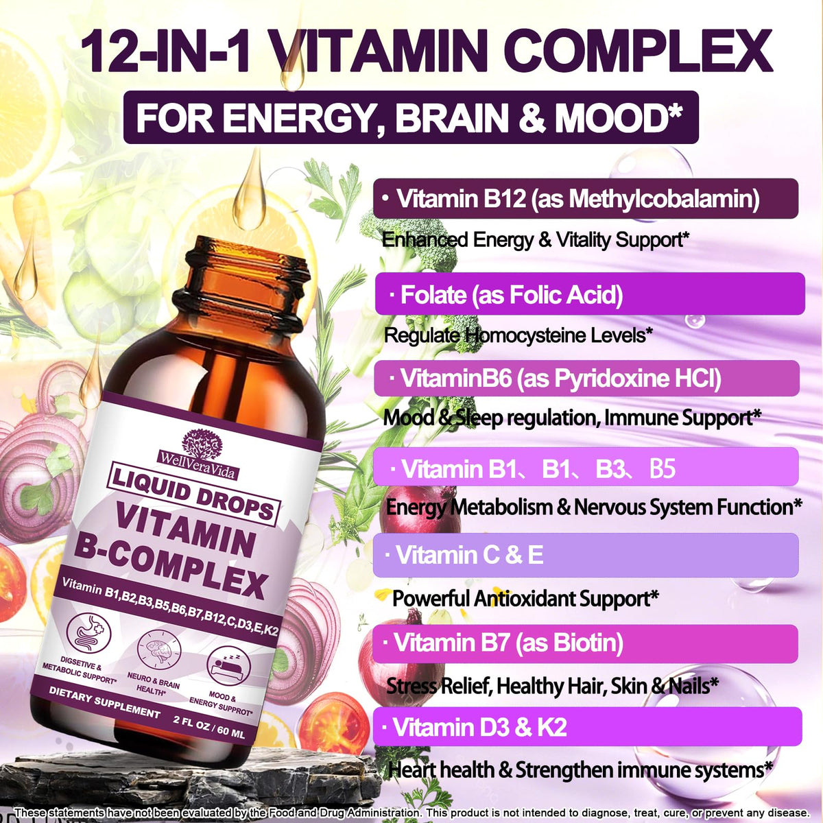 WellVeraVida Complexe de Vitamines B Liquide 2Oz flacon arrière