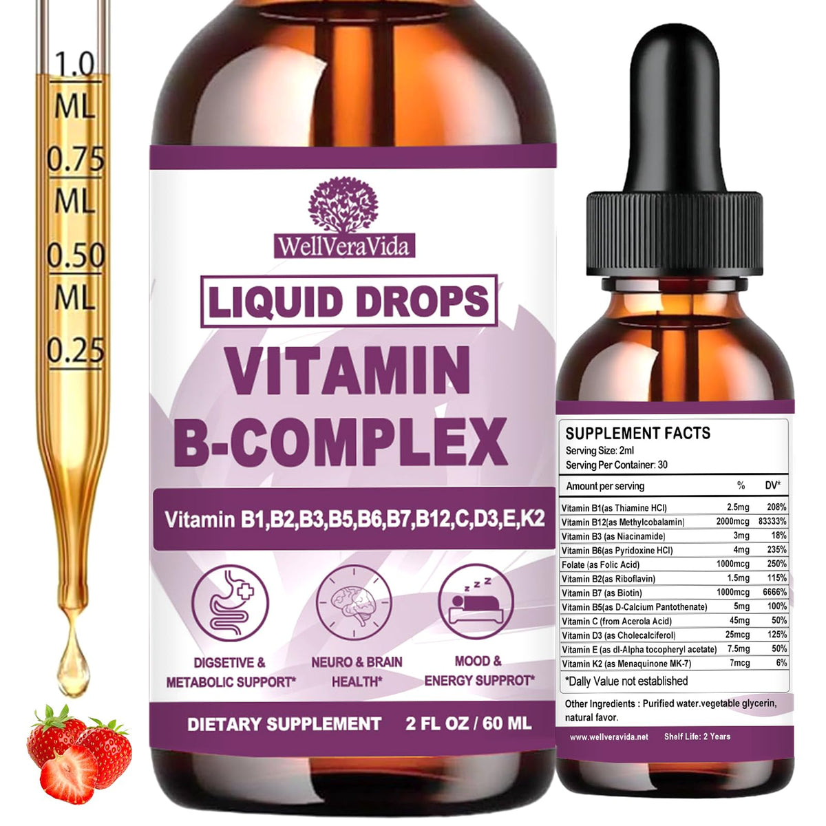 WellVeraVida Complexe de Vitamines B Liquide 2Oz flacon avant